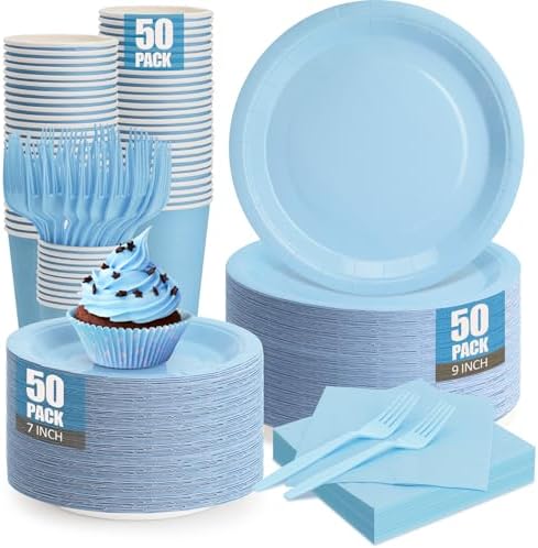 250Pcs Light Blue Paper Plates and Napkins Supplies Include 9’’Paper Party Plates, 7’’Dessert Plate Cups Napkins Forks for Baby Shower, Wedding, Birthday, Serves 50 by CENLBJ
