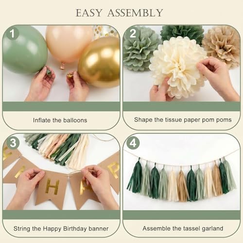 ANSOMO Sage Green Happy Birthday Party Decorations Retro Green Nude Ivory Dark Olive Kraft Paper Banner Balloons Neutral Rustic Boho Blush Safari Botanical Greenery Wild Décor Supplies Women Adults - Image 6