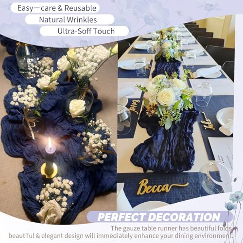 4 Pack Navy Blue Cheesecloth Table Runner 17x108 Inches Boho Home Decor - Image 6