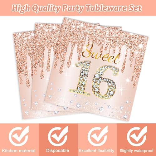 CHUNNIN 200 PCS Rose Gold Sweet 16 Party Plates Napkins Pink Rose Gold Tableware Set for Girls Sweet 16th Party Decoration Dessert Plates Forks Serve 50 Guests for Girls 16th Birthday Supplies - Image 4