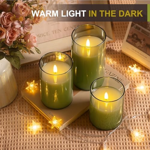 Tyawon Glass Battery Operated LED Flameless Candles with Remote and Timer, Real Wax Candles Warm Color Flickering Light for Festival Wedding Home Party Decor(Pack of 3)-Green - Image 3