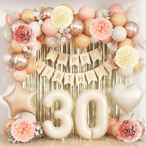 Beige Happy 30th Birthday Party Decoration for Her Cream Number 30 Balloon by KAINSY