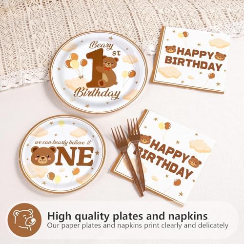 Grencian 96Pcs Brown Beary First Birthday Party Decoration, Serve 24 - Image 4