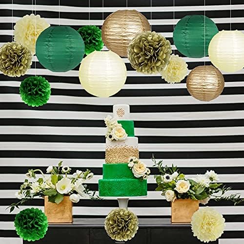 Paper Lanterns Paper Pom Poms Green and Gold Party Decorations 15pcs - Image 4