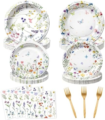 Floral Paper Plate and Napkin Set, Wildflower Party Decorations, Serves 25 by OuMuaMua