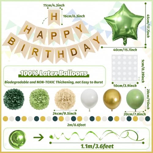 Retro Green Birthday Party Decorations for Women Girls, Happy Birthday Banner with Tissue Paper Pompoms, Paper Tassel, Circle Garland, Hanging Swirl, Party Balloons for Party Decorations - Image 3