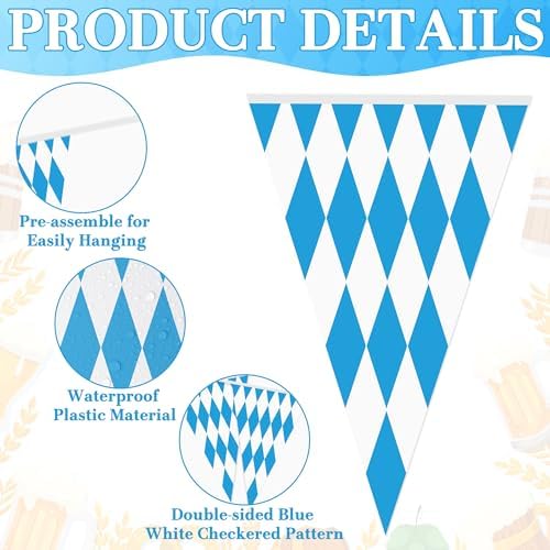 100 FT Oktoberfest Party Decorations Blue White Checkered Banner Flags - Image 3