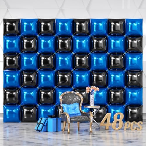 NISOCY 48PCS Black and Blue Square Foil Balloons Wall Backdrop by NISOCY