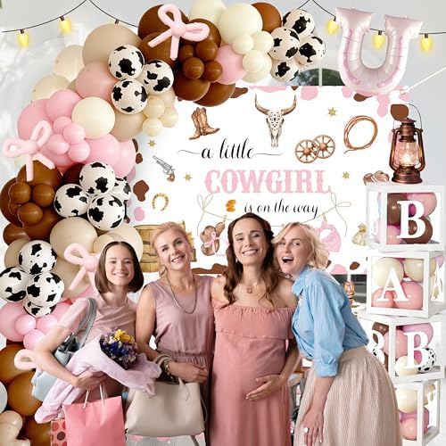 Cowgirl Baby Shower Decorations for Girl - Western Theme Party Supplies Include Balloon Garland Arch Kit, Backdrop, Tablecloth, 4 Boxes, Horseshoe Foil Balloon - A Little Cowgirl is on the Way Pink - Image 3