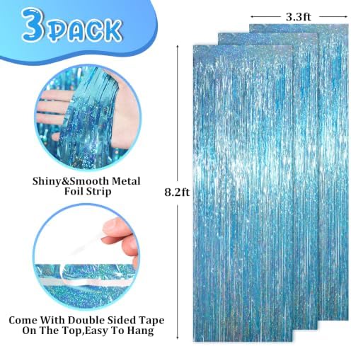 Voircoloria Laser Light Blue Fringe Backdrop Curtains, 3.3x8.2ft, 3 Pack - Image 2