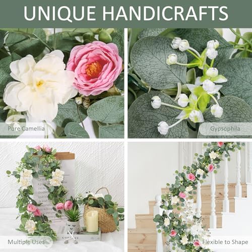 TOCHGREEN 4 Pack Artificial Eucalyptus Flower Garland with White Pink Roses - Image 5