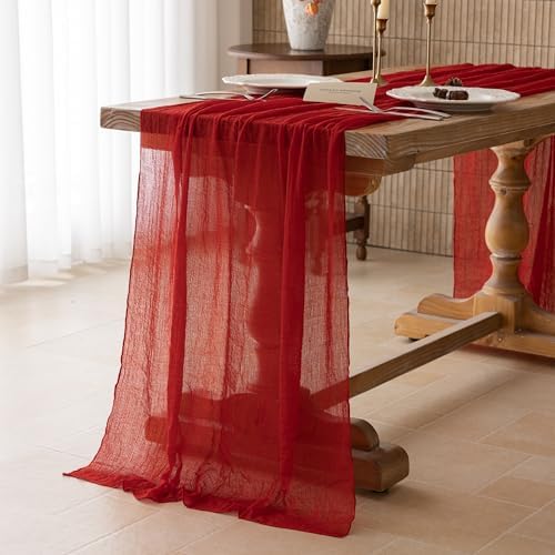 2Pcs Red Cheesecloth Table Runner 120 Inches for Party Home Decor - Image 3