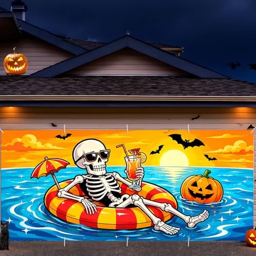 7 x 16 ft Beach Skeleton Halloween Garage Door Decorations Halloween decorations Witch Door Cover, Hanging Banner, Cauldron Backdrop Mural for Home, Outdoor - Image 6