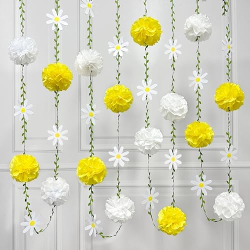 Daisy Party Decorations Yellow White Tissue Flowers Pom Pom Daisy Hanging Leaf Garland Streamer Banner for Spring Summer Themed Birthday Wedding Shower Tea Party Supplies Home Garden Decor by pinkblume