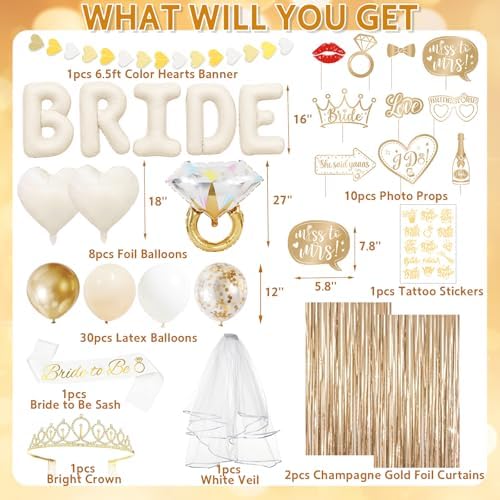 60PCS Bride To Be Decorations, Champagne Gold Bachelorette Party Decorations Include Bride To Be Sash Veil Crown Tattoo Stickers Photo Props Fringe Curtain for Wedding Bridal Shower Decorations - Image 3