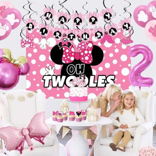 Pink Mouse 2nd Birthday Party Supplies Oh Twodles Girl Second Party Decorations Cartoon Mouse Theme Birthday Decorations Set - Image 2