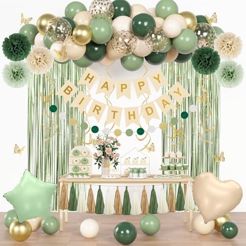 Sage Green Birthday Party Decorations for Women Girl Happy Birthday Banner by OuddyParty