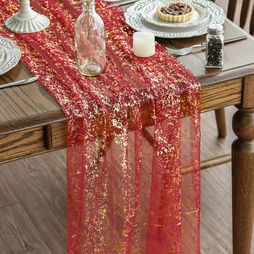 Artoid Mode Red Gold Gauze Table Runner 120 Inch 10FT, Glitter Metallic Foil Sheer Dining Wedding Anniversary Holiday Table Decor for Home Party by ArtoidMode