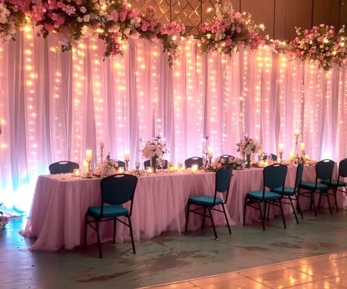 20ft x 10ft Pink Tulle Photo Backdrop Curtain with Lights String for Baby Shower Sheer Baby Pink Curtain Backdrop for Birthday Party Wedding Photo Booth Photography Background Decorations - Image 4