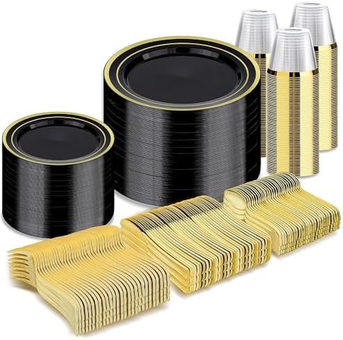 BESTVIP 600PCS Black Gold Dinnerware Set for 100 Guests, Plastic Plates by Bestvip