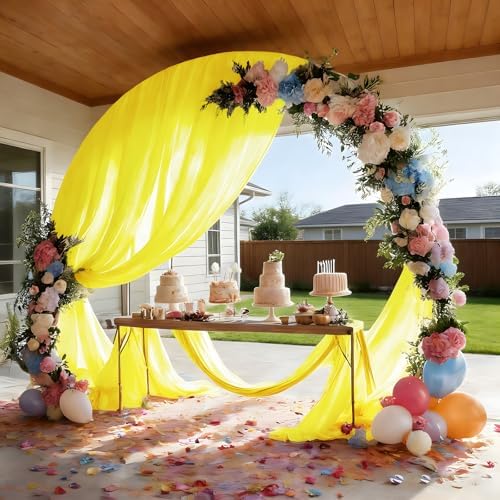 Yellow Wedding Arch Draping Fabric Sheer Curtain Drapes 2 Panels | 20 ft Extra Long Shimmery Backdrop Curtains for Wedding Anniversary Party Summer Outdoor Events Drapery Photo Backgrounds - Image 2