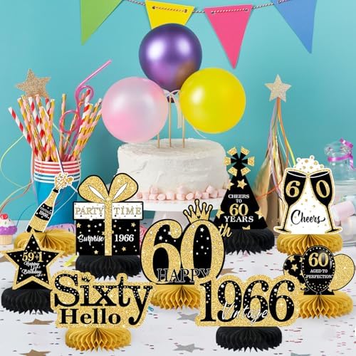 9 Pcs 60th Birthday Decorations Honeycomb Centerpieces for Women Men, Black Gold 1966 Aged to Perfection Vintage Centerpieces for Tables Toppers,Sixty Years Party Decorations Supplies - Image 4