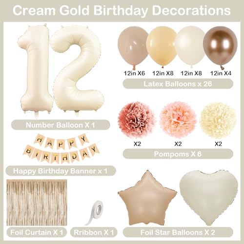 Beige Happy 12th Birthday Party Decoration Girls Cream Number 12 Balloon - Image 5