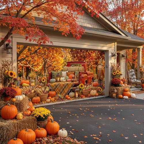 Fall Garage Door Cover 8x6ft Red Truck Pumpkin Scarecrow Harvest Decor - Image 5