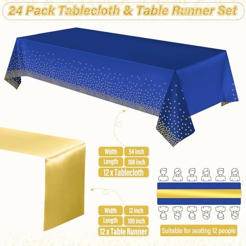 24 Pack Blue and Gold Tablecloth and Table Runner Party Decorations, Royal Blue and Gold Plastic Disposable Tablecloth and Satin Table Runner for Wedding Birthday Bridal Graduation Anniversary Party - Image 2