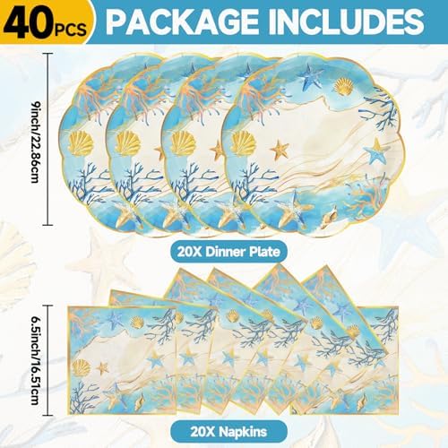 40Pcs Beach Coastal Sea Shell Scalloped Paper Plates and Napkins - Image 2