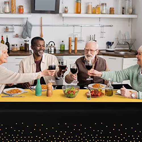 24Pack Disposable Plastic Tablecloths and Satin Table Runner Set Black Gold Dot Table Cloth Gold Satin Table Runner for Graduation Wedding Birthday Baby Shower Anniversary Holiday Party Decorations - Image 7