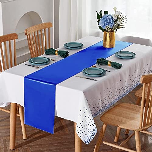 8Pack Disposable Plastic Tablecloths and Satin Table Runner White and Royal Blue Dot Tablecloth Blue Satin Table Runner for Wedding Birthday Baby Shower Anniversary Christmas New Year Party Supplies - Image 4