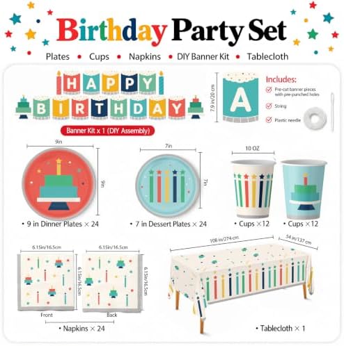 Happy Birthday Decorations for Kids, Birthday Plates and Napkins Set for 24 - Image 2