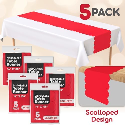 Red Scallop Table Runner, Disposable Plastic, 5 Pack, 14x108in - Image 2