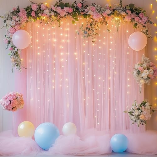 Tulle Backdrop Curtain with Lights 10x8FT Pink Sheer Tulle Curtains - Image 6