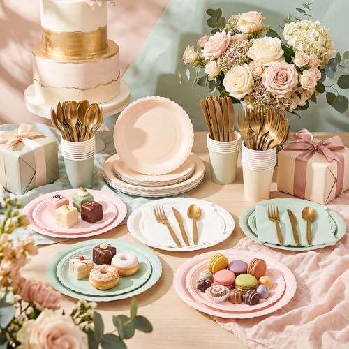 Zhehao 175 Pcs Pink and Green Party Plates Cups Napkins Set - Image 2