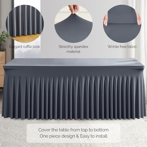 Wish Care 2 Pack Gray Spandex Table Clothes for 8 Foot Rectangle Tables, 8FT Wrinkle Free Fitted Tablecloths Ruffles Design Table Cover for Party, Banquet, Wedding and Events - Image 2
