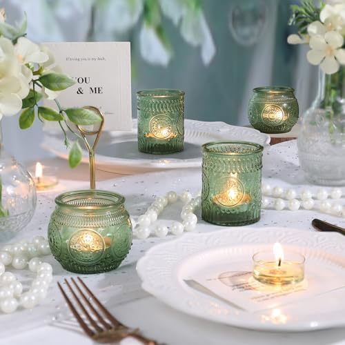 DARJEN 12Pcs Green Votive Candle Holders - Glass Tea Light Candle Holder for Wedding Shower, Candle Holder Bulks for Wedding & Home Table Decor, Vintage Parties Gifts - Image 5