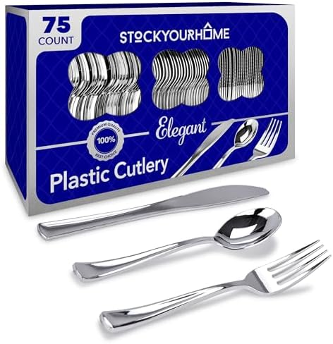 75 Pieces Heavy Duty (Silver) Plastic Silverware Set, Disposable Cutlery Set, Great for Parties, Weddings, and Catering, Flatware Utensils Included: 25 Forks, 25 Spoons, 25 Knives, Stock Your Home by StockYourHome