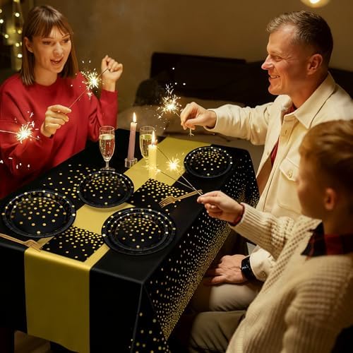 QZYL 122 Pcs Black and Gold Plates and Napkins, Black Plates Disposable for Party, Golden Birthday Tableware Serves 30, Gold Dots Retirement Party Supplies with Plate, Napkin, Fork and Tablecloth - Image 7