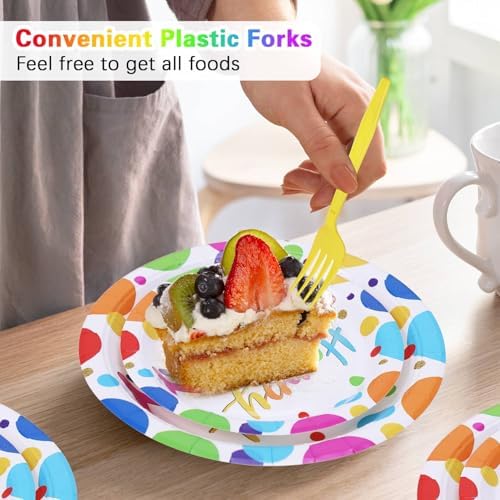Multicolor Birthday Decorations Plates Set for 25 Guests, 100 Pieces Birthday Paper Plates Napkins Forks with Colorful Dots Design Tableware for Kids Boys Girls - Image 4