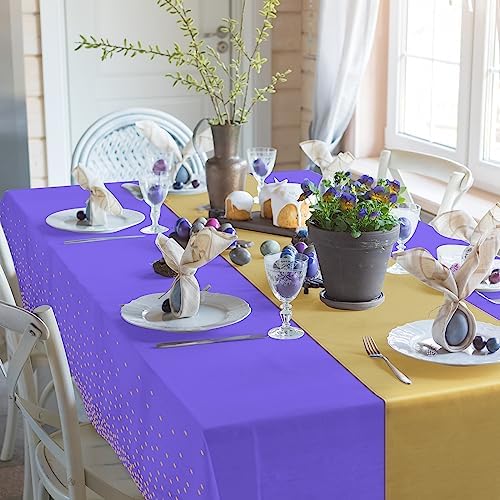 8Pack Disposable Plastic Tablecloths and Satin Table Runner Set Purple and Gold Dot Tablecloth Gold Satin Table Runner for Wedding Birthday Baby Shower Anniversary Christmas New Year Party Supplies - Image 5