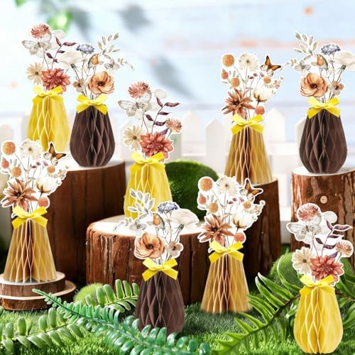 SUNBEAUTY Boho Flower Table Decoration 9Pcs Brown Floral Honeycomb Centerpieces Natural Party Decorations Paper Flower Table Decor for Home Rustic Wedding Baby Shower Neutral Birthday Party Supplies - Image 2