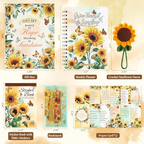 Sunflower Planner Gift Set for Women - 1 Sticker Book of 600+ Stickers, 1 Weekly Planner, 1 Crochet Keychain, 1 Metal Bookmark, 12 Prayer Cards, Gift for Women Men Teens Christian Birthday Mothers Day - Image 2