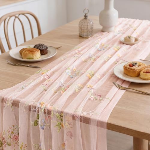 BINBE 1pcs Pink Florals Table Runner Embroidery Gauze 10FT Daisy Seasonal Tulle Birthday Wedding Holiday Kitchen Dining Table Decor for Home Party - Image 5