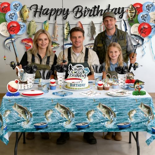 Fishing Birthday Party Decorations - Plates, Napkins, Cups, Cutlery, Honeycomb Centerpieces, Banner, Hanging Swirls, Tablecloths, Toppers, Balloons for Ofishally One Birthday Decorations, Serves 24 - Image 7