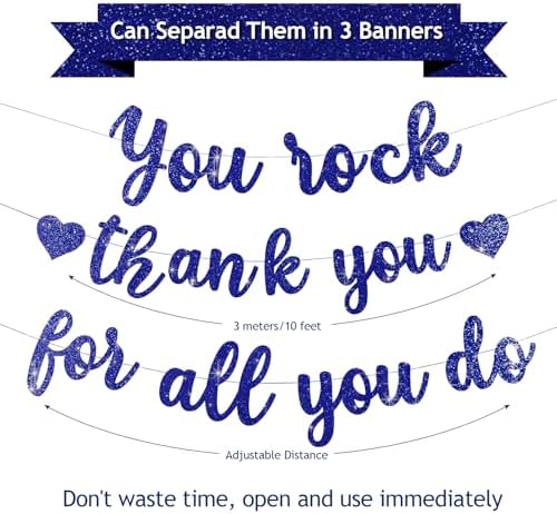Pre-Strung You Rock Thank You For All You Do Banner - Glitter Employee Appreciation Decorations, Staff Teacher Nurse Recognition Party Supplies, Retirement Office Decor Sign, Large Cardstock Garland (Navy Blue) - Image 3