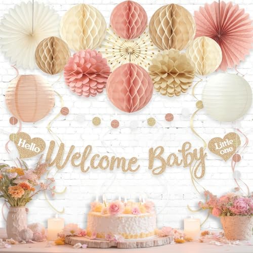 Boho Blush Pink Girl Baby Shower Decorations with Welcome Baby Banner - Image 6