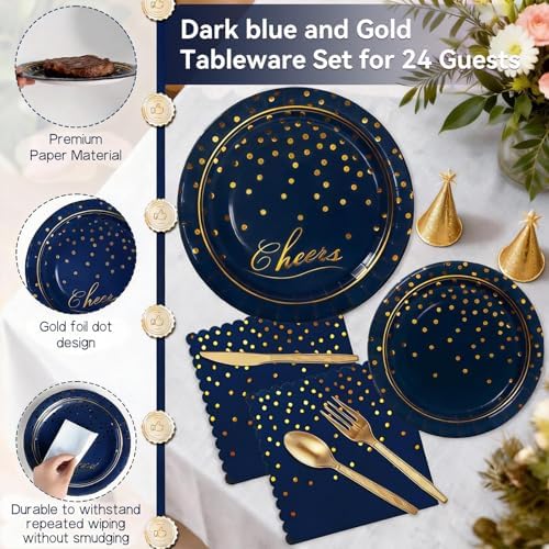 168Pcs Blue and Gold Paper Plates and Napkins Party Supplies for 24 Guest - Image 4