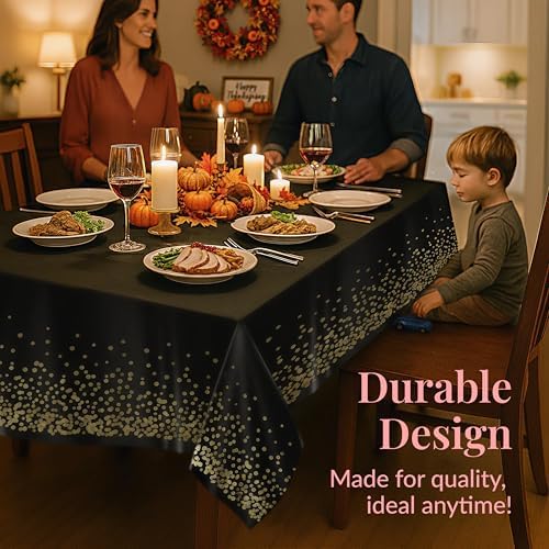 Prestee 4 Pack Gold and Black Table Cloth Rectangle Table Covers 54 x 108 Inches - Plastic Table Cloth Disposable for Parties, Dining and Events - Black Tablecloths for Weddings and Celebrations - Image 4